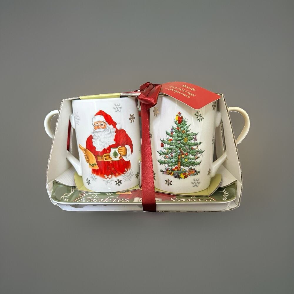 Spode Christmas Tree Cookies for Santa Tray & 2 Mugs, 3 Piece Set, New with Tags